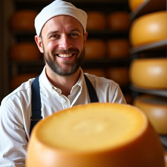 Ritratto di un casaro sorridente che tiene in mano una forma di formaggio.