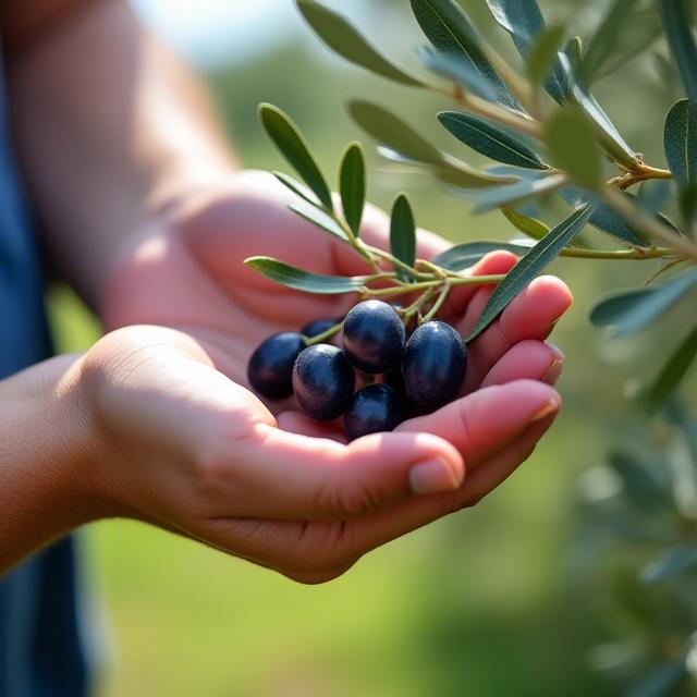Mani che raccolgono olive mature da un ramo di ulivo.