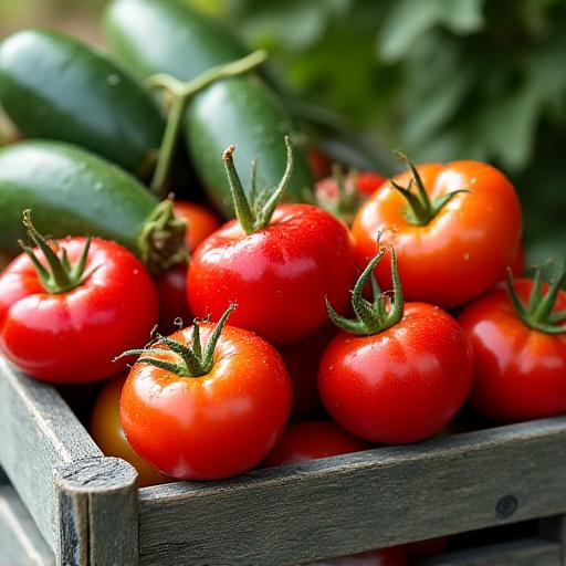 Cassetta di verdure fresche biologiche, come pomodori e zucchine.